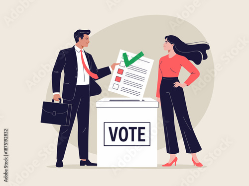 A vibrant illustration depicting two individuals actively participating in the voting process, emphasizing civic engagement and the importance of each vote in democracy.