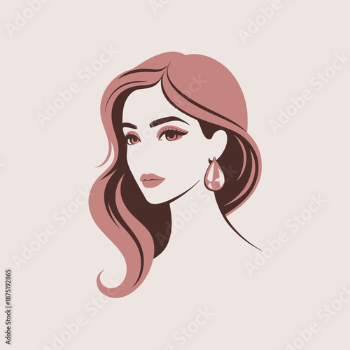 This image showcases a fashionable woman with flowing hair and elegant earrings, emphasizing beauty, style, and sophistication in a minimalist artistic representation.