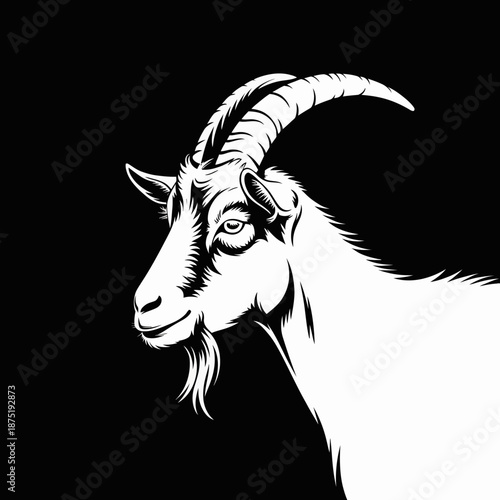 A striking black and white illustration of a goat's head, capturing its distinct features and expression with a strong artistic flair and bold lines for visual impact.