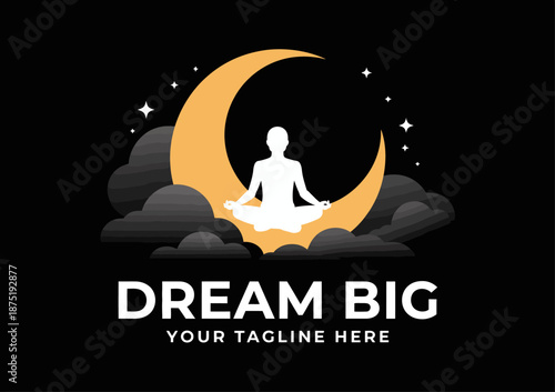 This image features a serene silhouette meditating in a lotus position, set against a bright crescent moon and soft clouds, evoking tranquility and introspection.