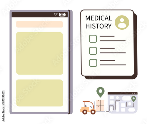 Healthcare management, digital logistics, telemedicine, supply chain tracking, mobile apps, and modern technology. Medical history form, map with pin and forklift. Healthcare management and digital