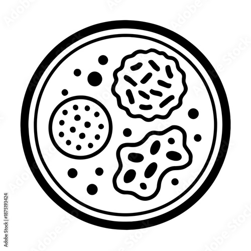 Detailed black and white vector icon showcasing diverse microbial colonies, bacteria, and individual cells cultivated within a circular petri dish, ideal for scientific research, microbiology