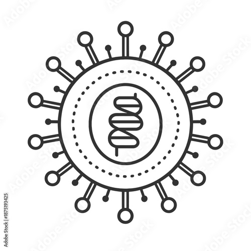 Striking vector illustration depicting a virus particle, prominently featuring a double helix DNA structure within its core, symbolizing infectious diseases, genetic material, microbiology