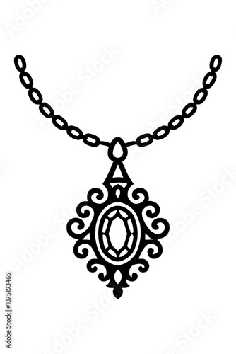 Elegant vintage-style pendant necklace featuring an intricate oval gemstone design surrounded by ornate scrollwork, suspended from a classic link chain.