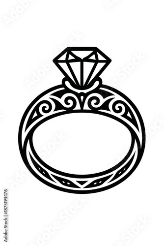 Exquisite black silhouette of a solitaire diamond engagement ring, showcasing intricate filigree scrollwork and elegant patterns. A luxurious and timeless design, symbolizing enduring love