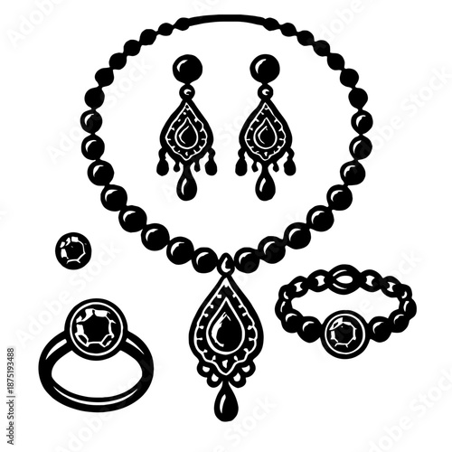 Elegant Black Beaded Jewelry Collection: Ornate Teardrop Pendant Necklace, Chic Dangle Earrings, Stylish Beaded Bracelet, Classic Solitaire Ring, & Polished Gemstone.