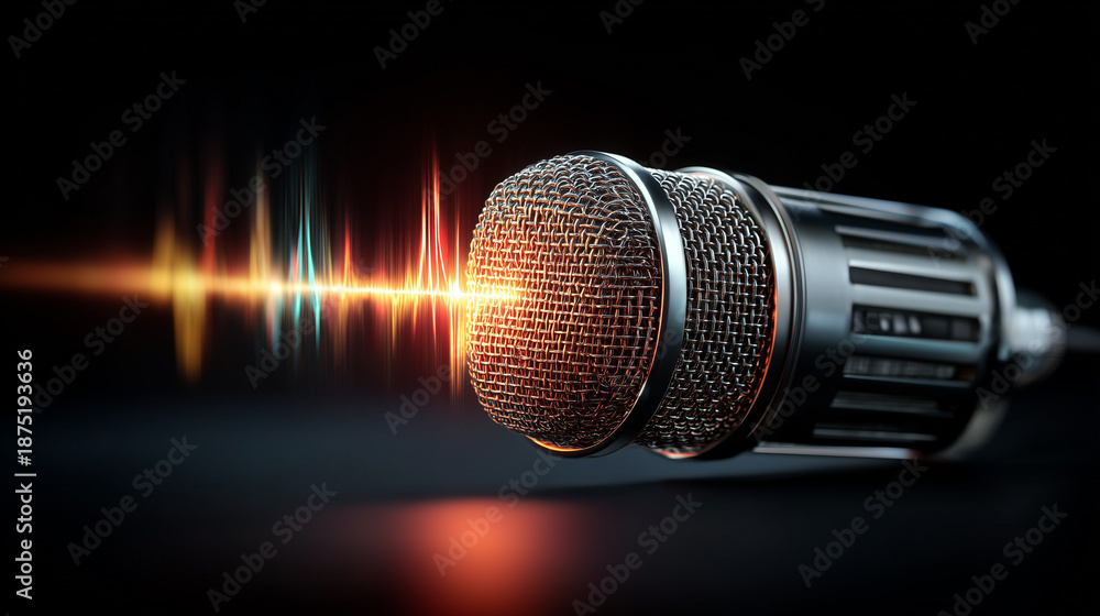 Obraz premium High quality studio microphone capturing sound waves for podcast recording music production and audio broadcasting