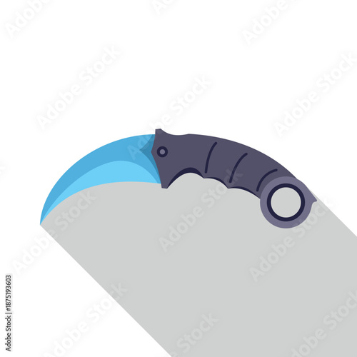 Karambit knife with a blue blade and gray handle, designed in a flat style