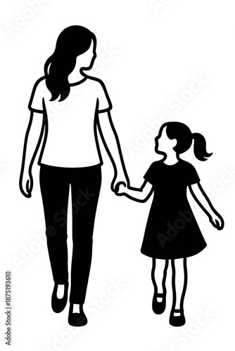 Mother and daughter silhouette walking hand-in-hand, symbolizing love, family bond, guidance, protection. Minimalist design captures maternal care, childhood innocence, shared journey
