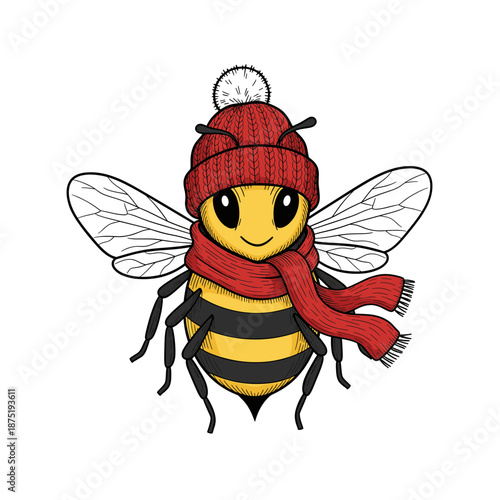 Cute honey bee wearing red knit hat and scarf. Isolated transparent background ( include cut-out PNG file )