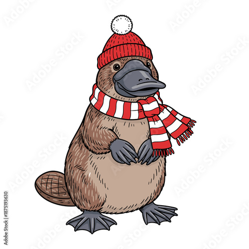 Brown platypus in red winter hat and striped scarf. Isolated transparent background ( include cut-out PNG file )