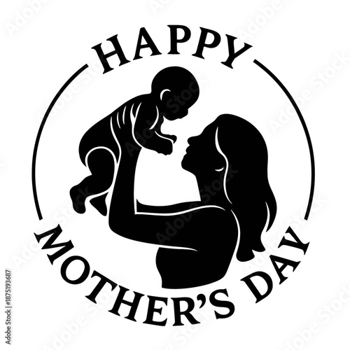 Happy Mother's Day elegant monochrome silhouette of a mother holding her baby in a classic circle. This design truly symbolizes unbreakable bond, joy, unconditional love of motherhood, ideal for cards
