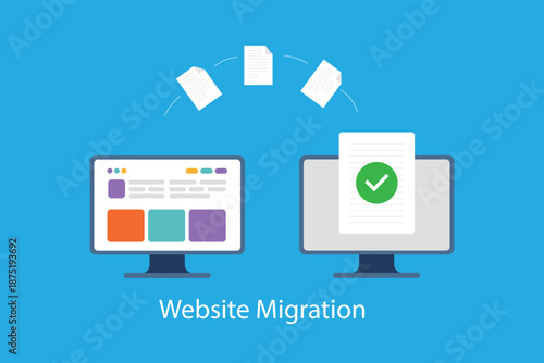 Website Migration Concept Illustration with Data Transfer and Successful Approval on Computer Screens