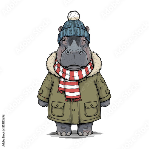 A sturdy hippo wearing a green parka red scarf and hat.Isolated transparent background ( include cut-out PNG file )