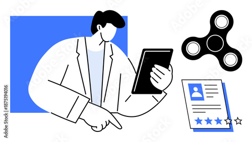 Man using tablet, performance rating sheet, spinner icon. Ideal for productivity, evaluation, digital tools, career growth, learning report analysis innovation. Simple flat metaphor