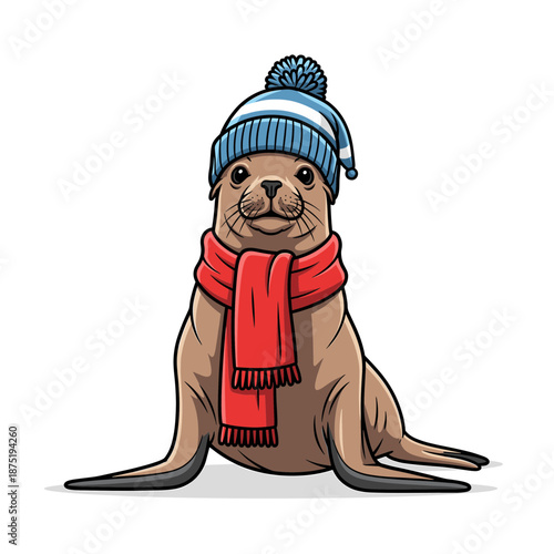 A cute brown seal pup wears a blue striped hat and red winter scarf. Isolated transparent background ( include cut-out PNG file )