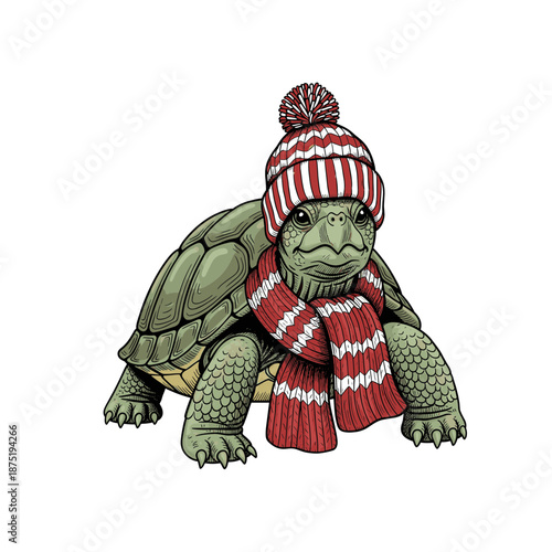 Anthropomorphic turtle wearing red striped knit hat and scarf. Isolated transparent background ( include cut-out PNG file )
