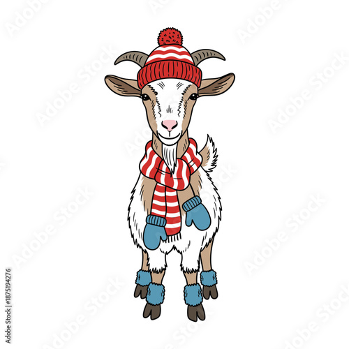 A cute goat wears a red striped hat scarf and blue mittens. Isolated transparent background ( include cut-out PNG file )