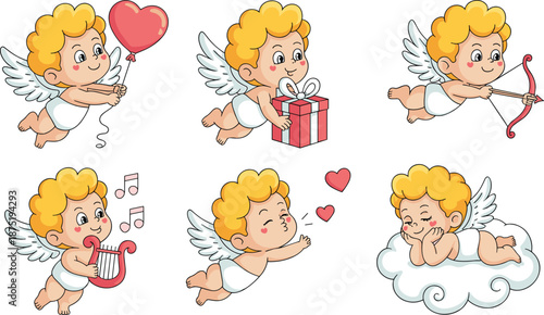 Cartoon cherub, angel character, heart balloon, gift box, bow and arrow, musical lyre, kiss blowing, cloud resting, Valentine theme