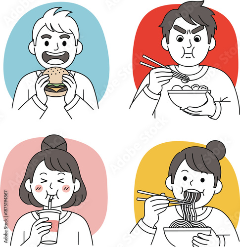 A collection of four handdrawn cartoon characters eating various meals and snacks.