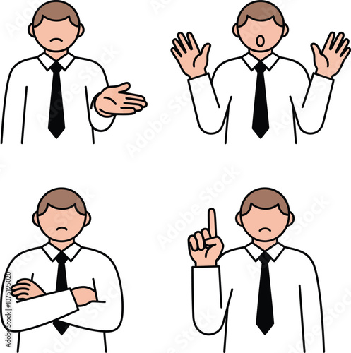 A set of four illustrations of a troubled businessman in a white shirt and tie showing various negative poses and expressions.
