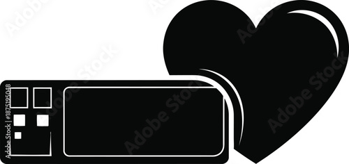 Black heart symbol next to digital device with buttons and screen