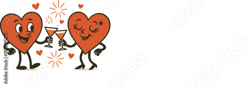 Two cheerful cartoon hearts clinking martini glasses together, celebrating love and romance with a vibrant, retro-inspired illustration style.