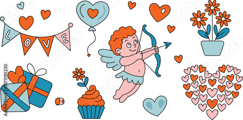 Valentine cartoon, Cupid illustration, love banner, heart balloon, gift box, cupcake, flower pot, candy, festive vector, romantic theme