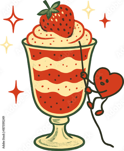 Delightful strawberry parfait dessert in a tall glass with a charming heart character climbing up the side, surrounded by whimsical sparkles.
