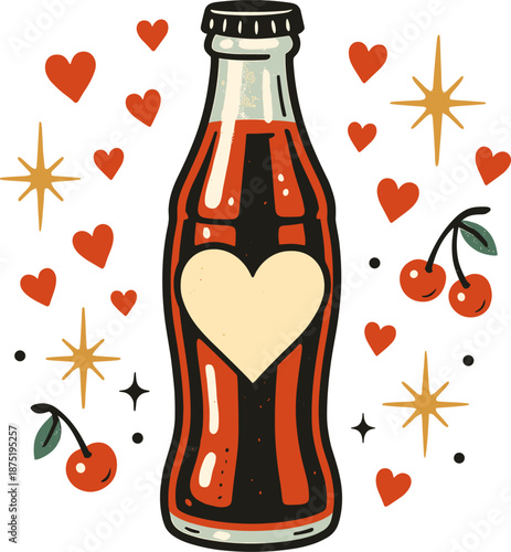 Vintage soda bottle with a heart label is surrounded by charming red hearts, sparkling stars, and sweet cherries in a nostalgic hand-drawn illustration.