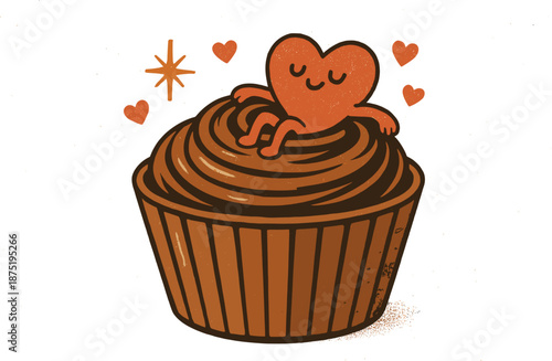 Delightful chocolate cupcake adorned with a sweet heart character happily resting on its rich, swirled frosting, surrounded by floating hearts and a whimsical star.