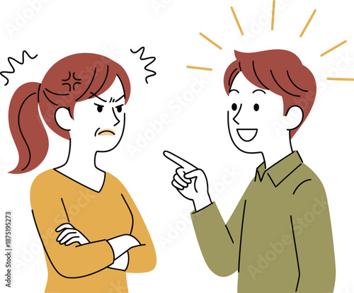 An angry woman with crossed arms glares at a smiling man pointing cheerfully during a disagreement.