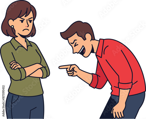 Cartoon man laughing mockingly and pointing at an angry woman with crossed arms.