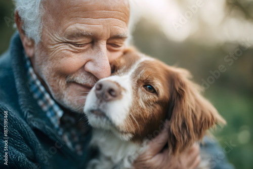 A senior man sharing a tender moment with his loyal canine companion.