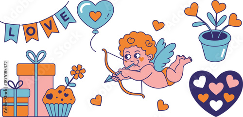 Valentine illustration, Cupid character, love banner, heart balloon, gift boxes, romantic cupcake, potted heart plant, festive vector, colorful design, holiday theme