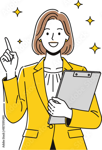 Cheerful businesswoman in a yellow blazer pointing up with a great idea while holding a clipboard.