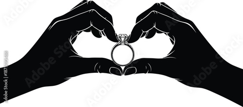 Black silhouette hands holding diamond ring white