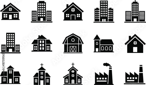 Collection of various building types and structures in black silhouette on white background