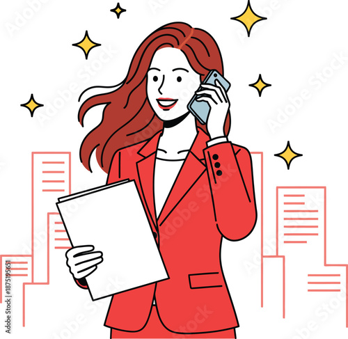 Confident businesswoman in a red suit smiling while on a phone call and holding files.