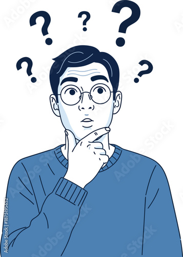 Confused young man with glasses thinking with question marks floating above his head.