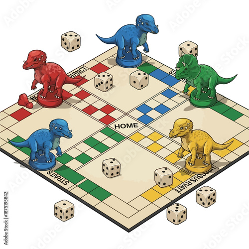 Vibrant dinosaur Ludo-style board game with colorful pieces and dice, offering family fun, reflecting the spirit of sinhala traditional awurudu sri lanka celebrations