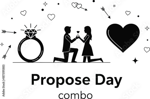 Black silhouette of man proposing to woman with ring surrounded by hearts and arrows on white proposal