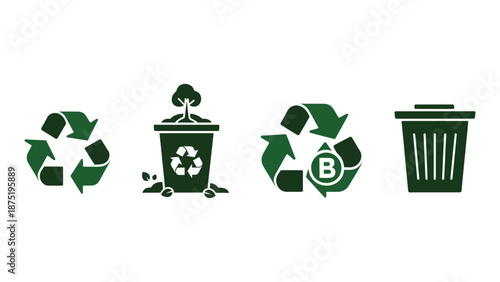 A set of green recycling symbols on a white background