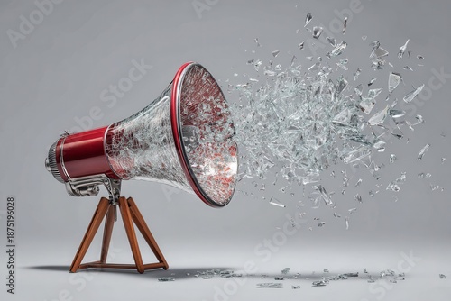 Vintage red megaphone blasting forward as shattered glass fragments explode across the floor