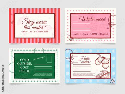 A set of postcards dedicated to the winter holidays. Each card features a unique design with winter-themed elements and a message of warmth, comfort, and greetings for cold days.