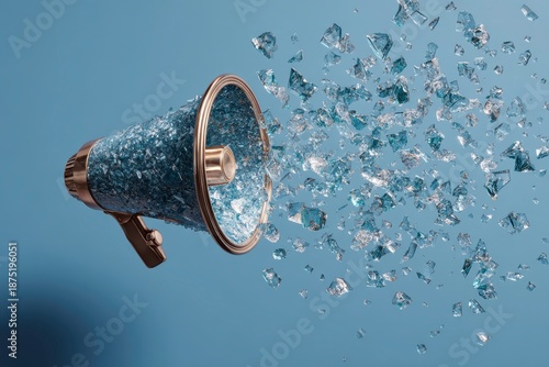 Modern polished copper megaphone bursting forward with floating blue glass shards on bright backdrop
