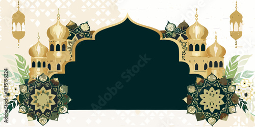 Islamic arch with gold domes and floral designs on a beige background