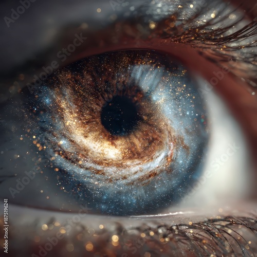 Human Eye With Golden Galaxy Swirling Inside the Iris