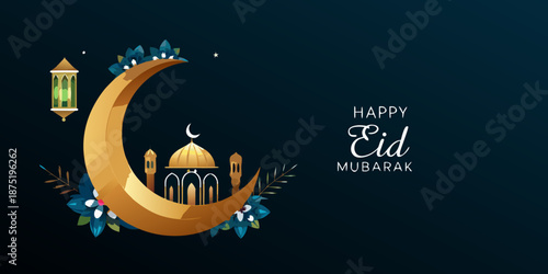 Eid Mubarak celebration with crescent moon and mosque