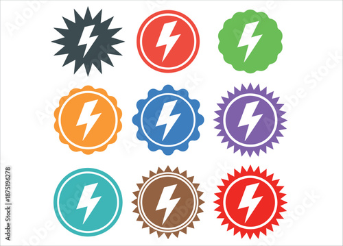 Colorful lightning bolt icons in various shapes and styles vector.